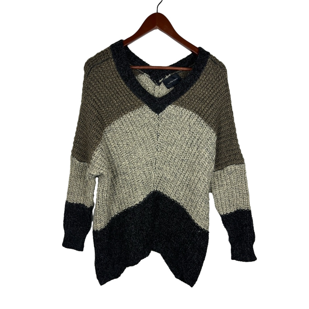 Anthropologie La Fee‎ Verte Sweater XS/S Black Gray Colorblock V-Neck Back Cozy